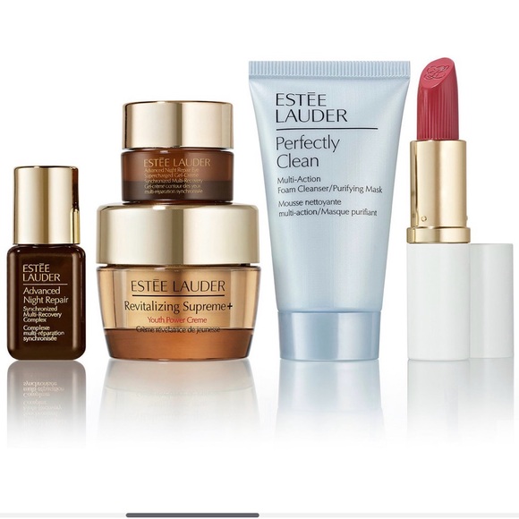 Estee Lauder Blue Floral Bag with Skincare and Lipstick - Picture 2 of 3